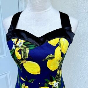 DRESS TELLS. Vintage Cocktail‎ Halter Dress Yellow & Blue, Lemon print. S…